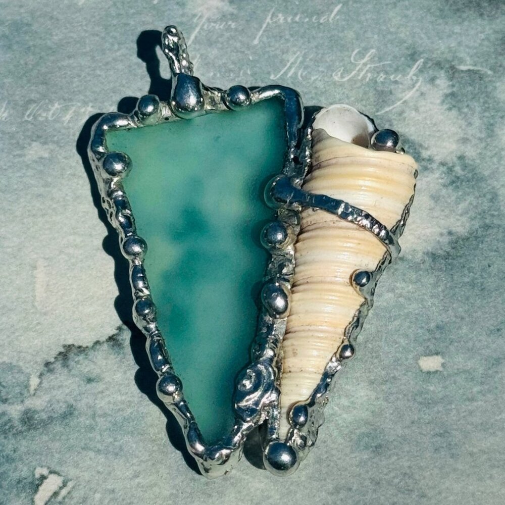 Sea Glass and Conch Pendant Encased with Intricate Artisan Boho Style Metalwork - Picture 10 of 14